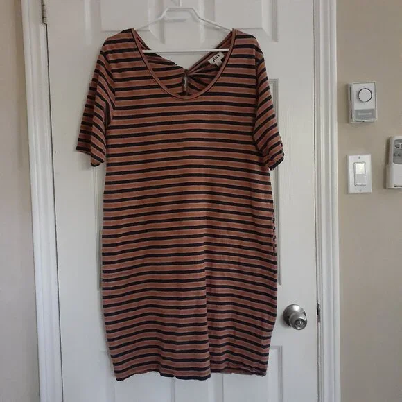 Pact Women's Size XL Harvest Striped Avery Blue Orange Cotton T-Shirt Dress - Picture 4 of 13